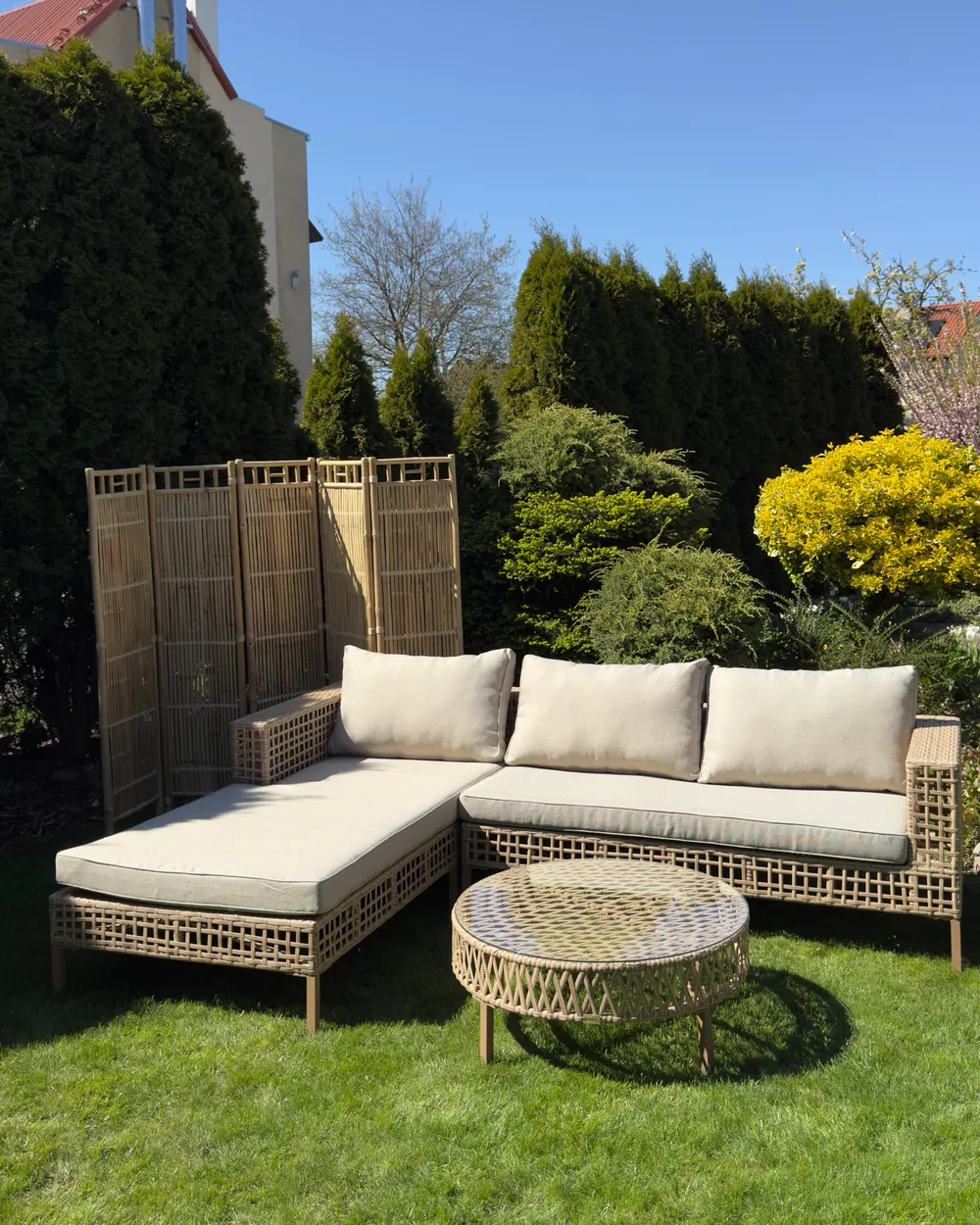 Loungeset met tafel 4-zits CALASETTA rechtszijdig PE rotan Beige