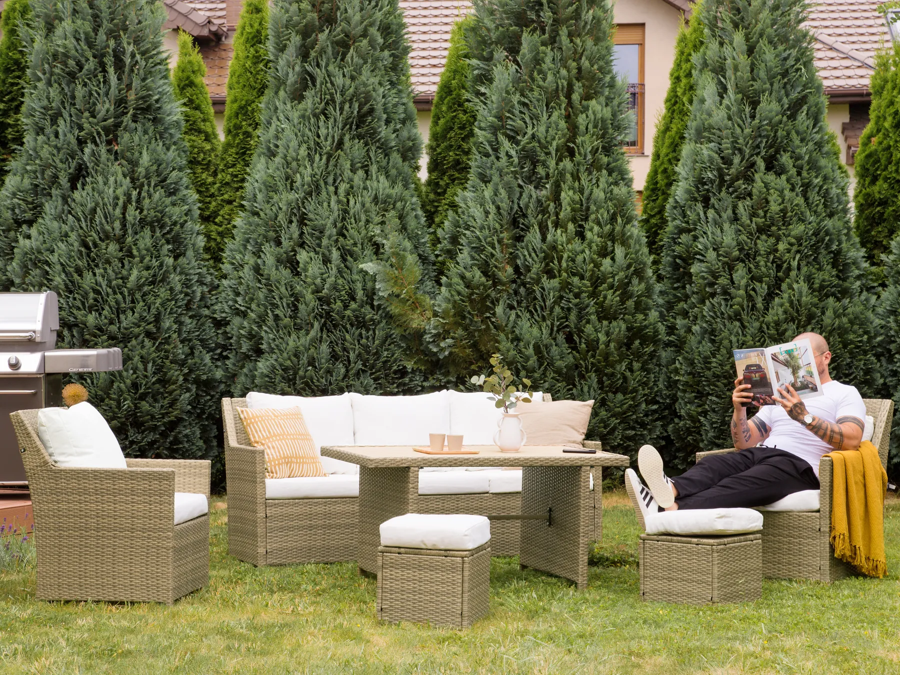 Loungeset met tafel en ottomaan 5-zits FONTI met kussens PE rotan Bruin - Afbeelding 3