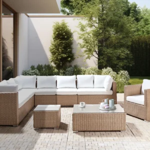 Loungeset met tafel 8-zits XXL rechtszijdig modulair PE rotan Zandbeige