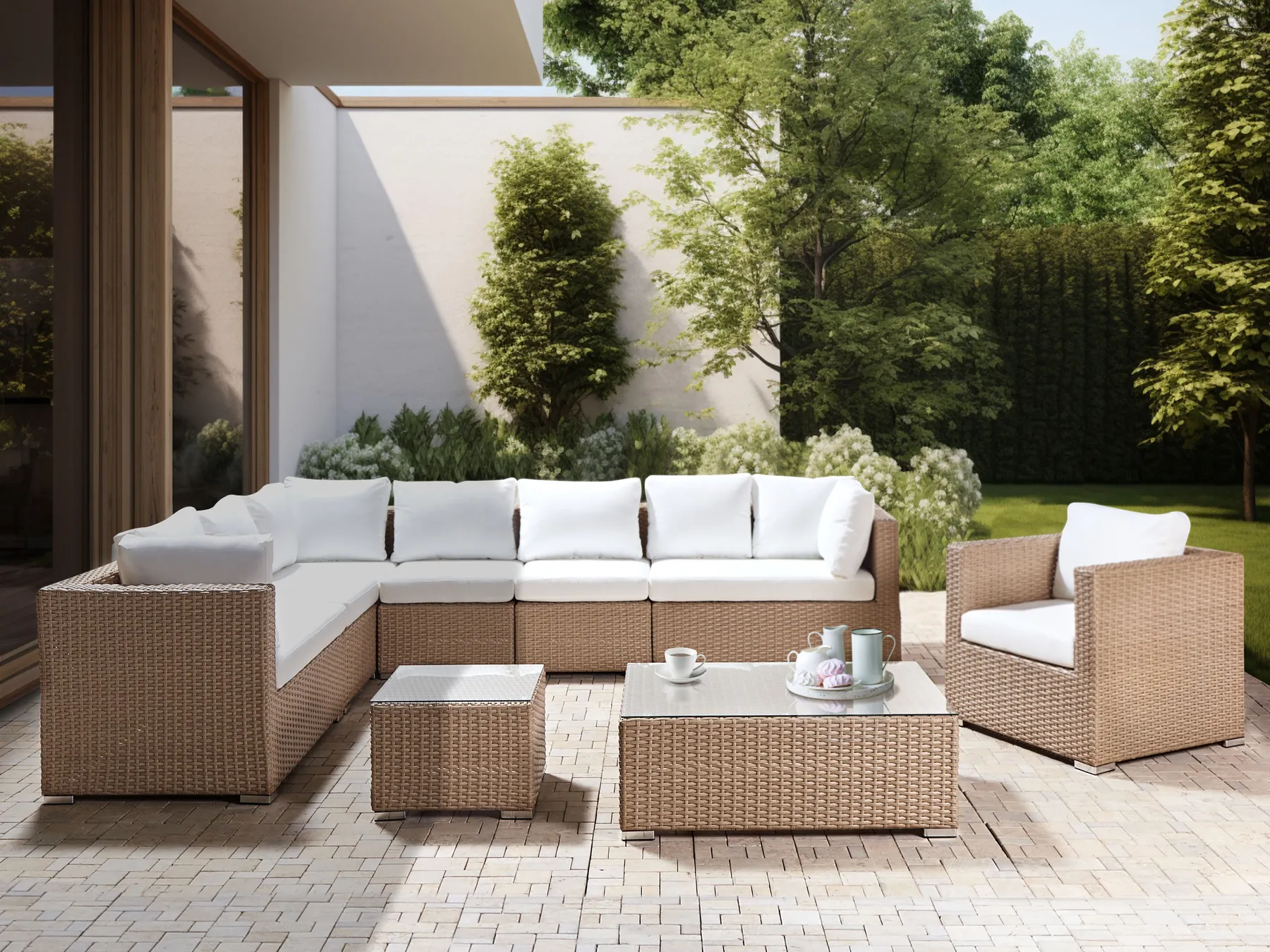Loungeset met tafel 8-zits XXL rechtszijdig modulair PE rotan Zandbeige