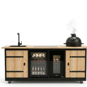 Buitenkeuken Marseille | 70 Liter Koelkast | Wijnkoelkast | Met Wasbak | + Kamado BBQ | Zwart Omlijst | Douglas Hout