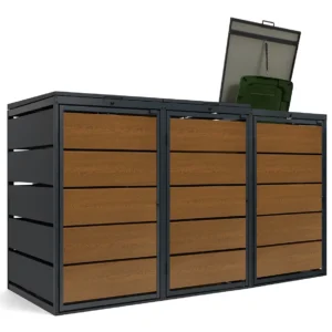 Kuba Store Ombouw – KS3 – 3 Containers – Antraciet met Eiken Hout – Metaal – 240 liter – Deksels met gasveren