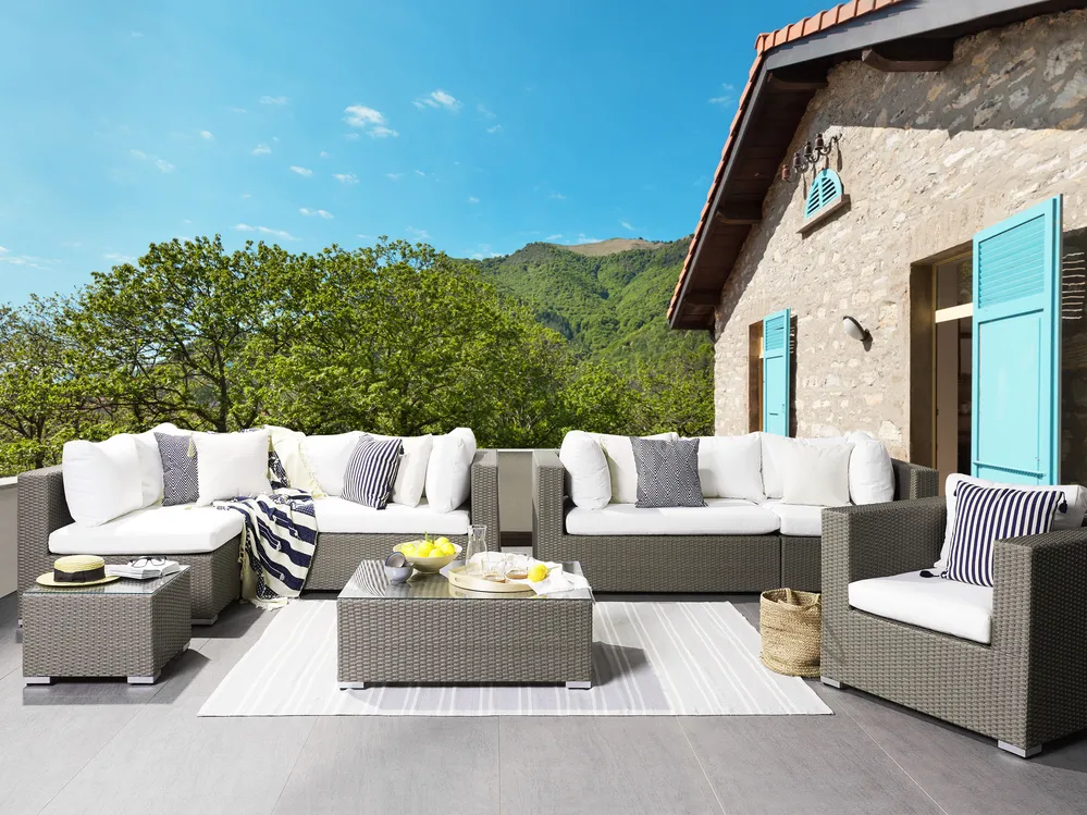 MAESTRO 8-zits Loungeset met Tafels | Taupe PE Rotan Modulair - Afbeelding 2