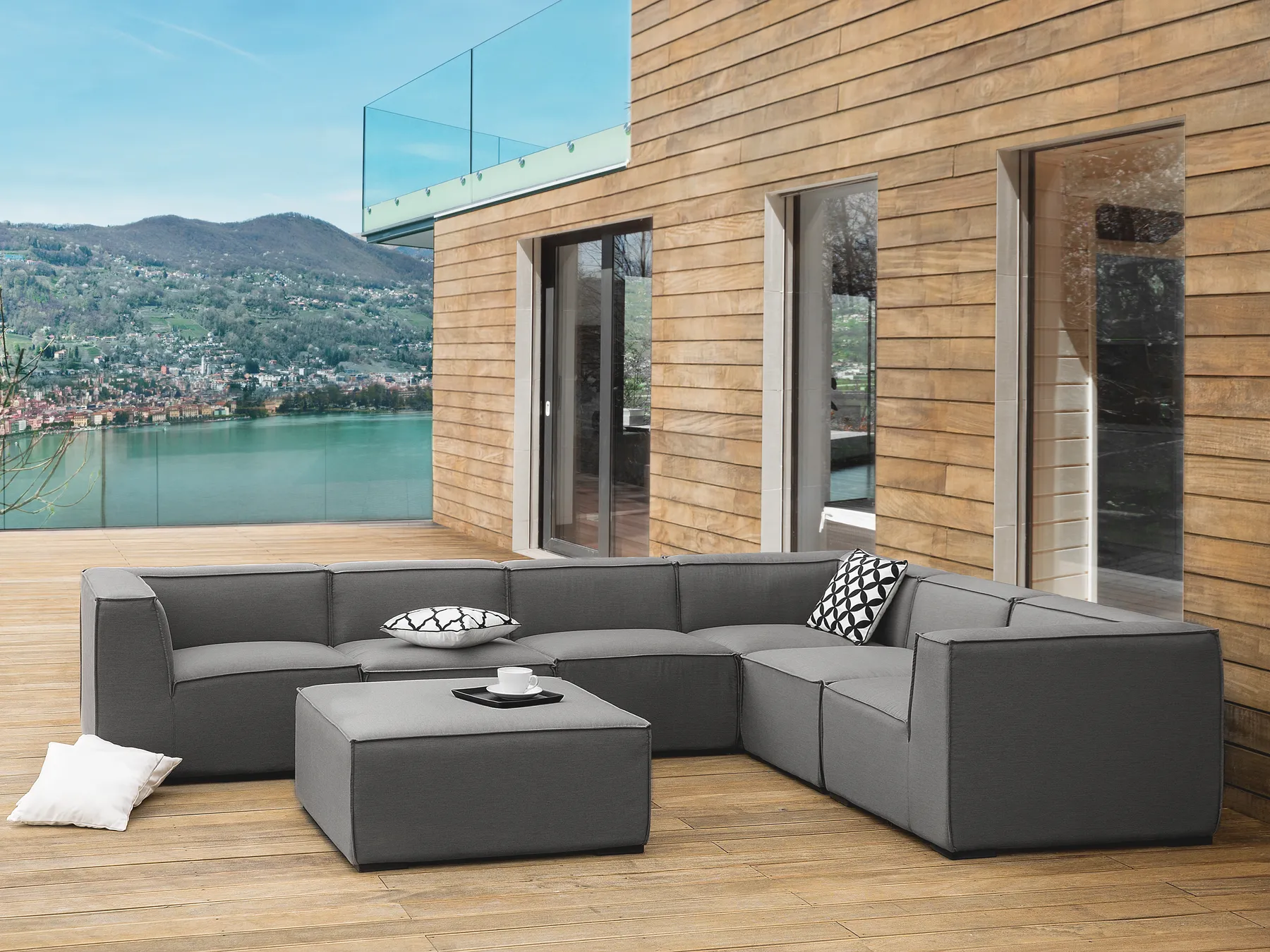 Tuin hoekbank met ottomaan 7-zits AREZZO linkszijdig modulair Grijs