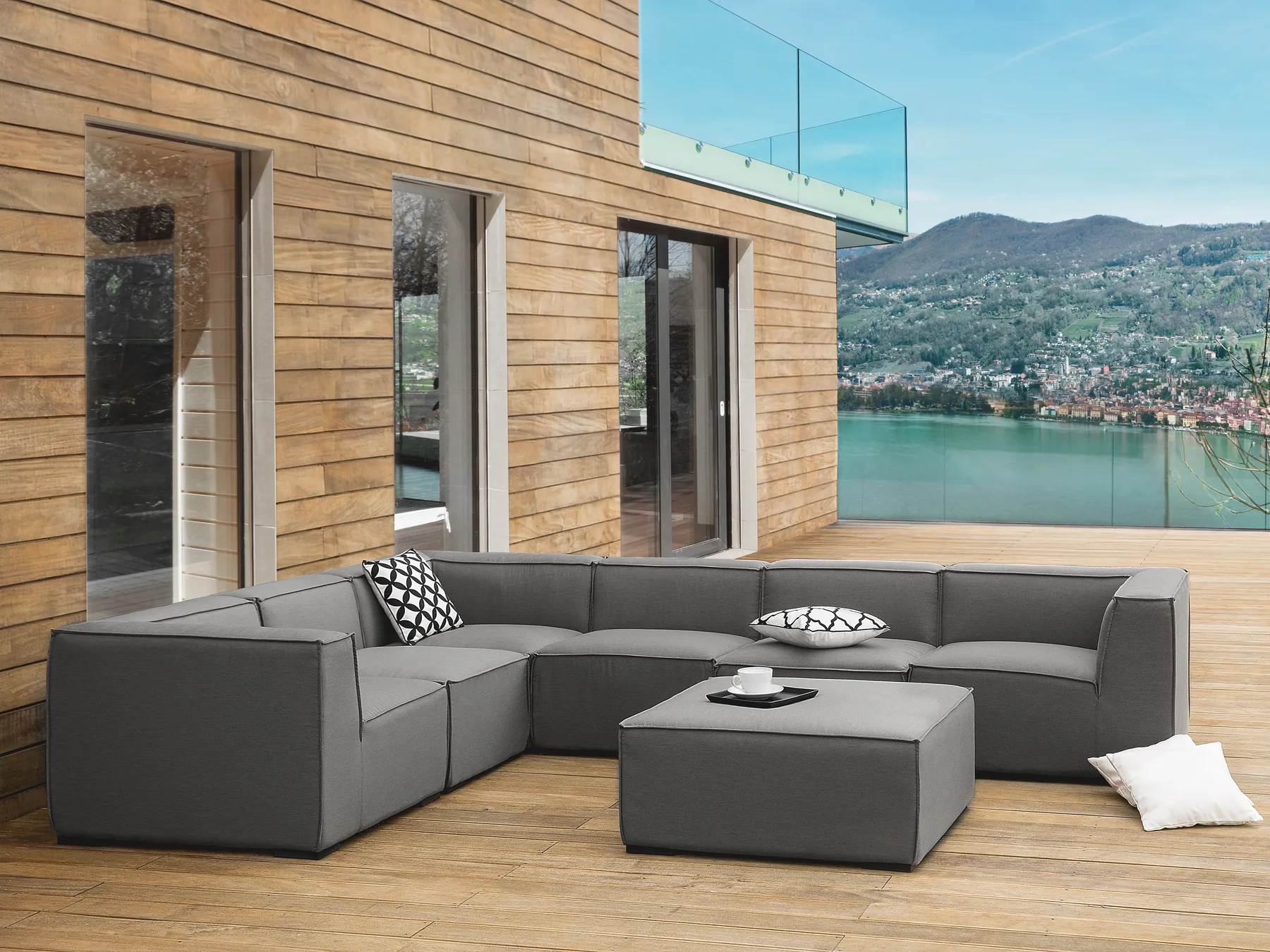 AREZZO 7-zits Tuin Hoekbank met Ottomaan Rechtszijdig | Grijs Modulair