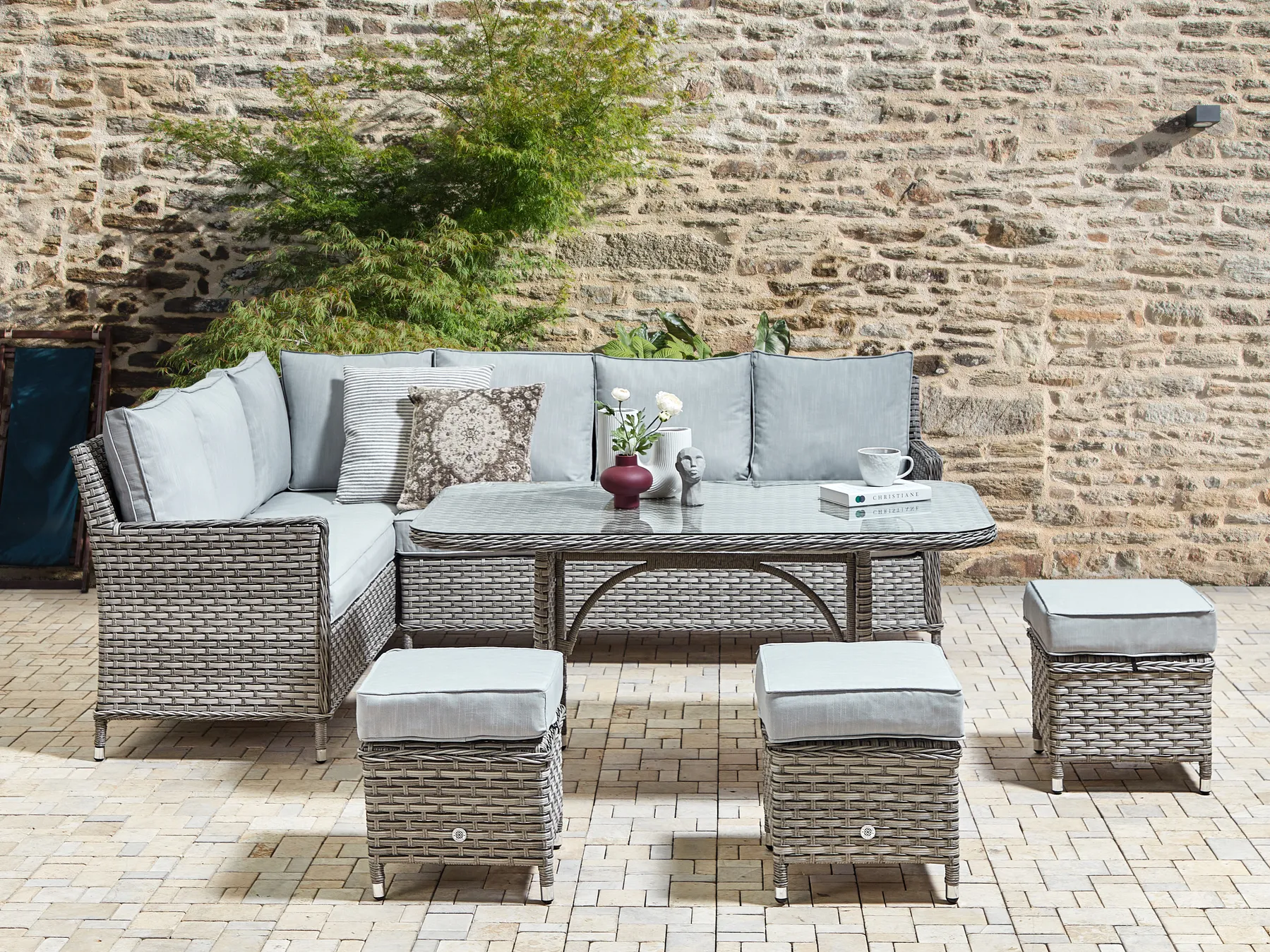 Loungeset met tafel en ottomaan 9-zits LACONA rechtszijdig PE rotan Lichtgrijs - Afbeelding 3