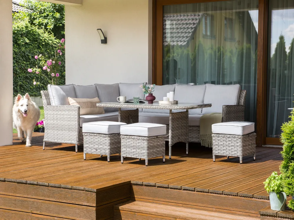 Loungeset met tafel en ottomaan 9-zits LACONA rechtszijdig PE rotan Lichtgrijs - Afbeelding 5