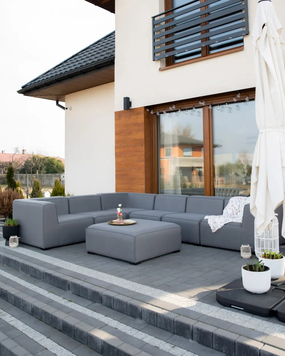 AREZZO 7-zits Tuin Hoekbank met Ottomaan Rechtszijdig | Grijs Modulair - Afbeelding 4
